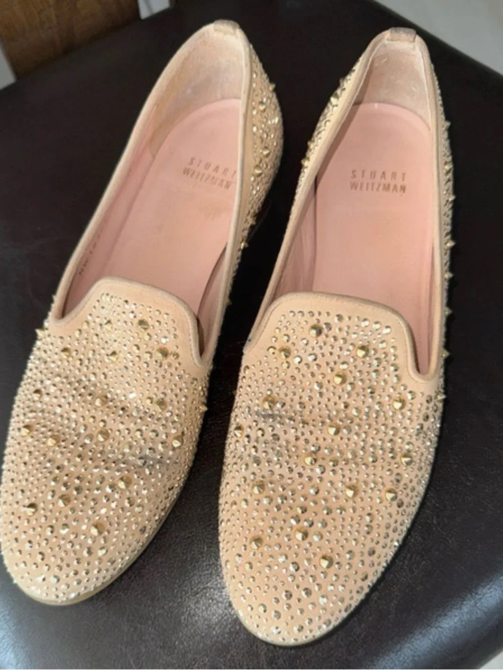 Stuart Weitzman Beige Suede Studded Slip-On Loafer Flats Women’s US 7 M